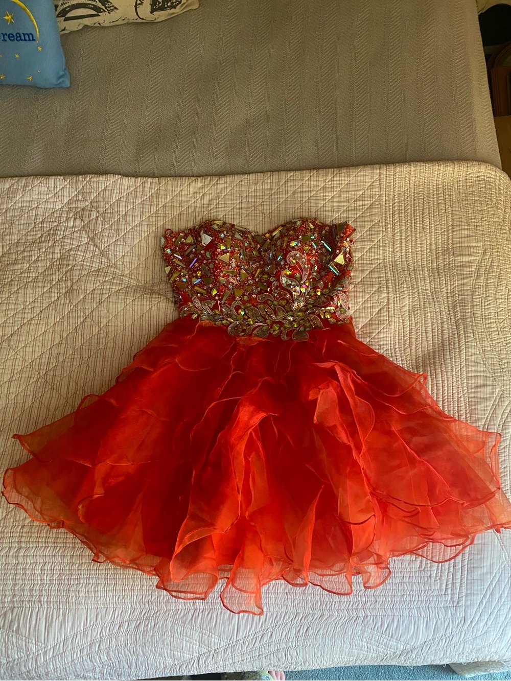 Red Embellished Strapless Prom Dress with Ruffled Skirt